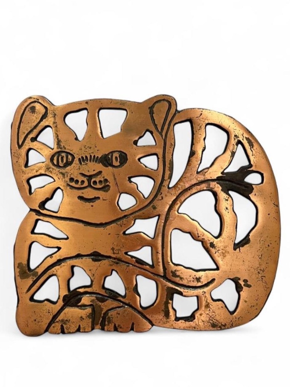 Vintage 1995 Cast Iron Copper Colored Cat Wall Art Trivet
